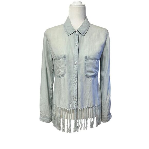 Rails Light Blue Small Fringed Detail Long-Sleeve Button-Down Soft Lyocell Shirt - Picture 1 of 13